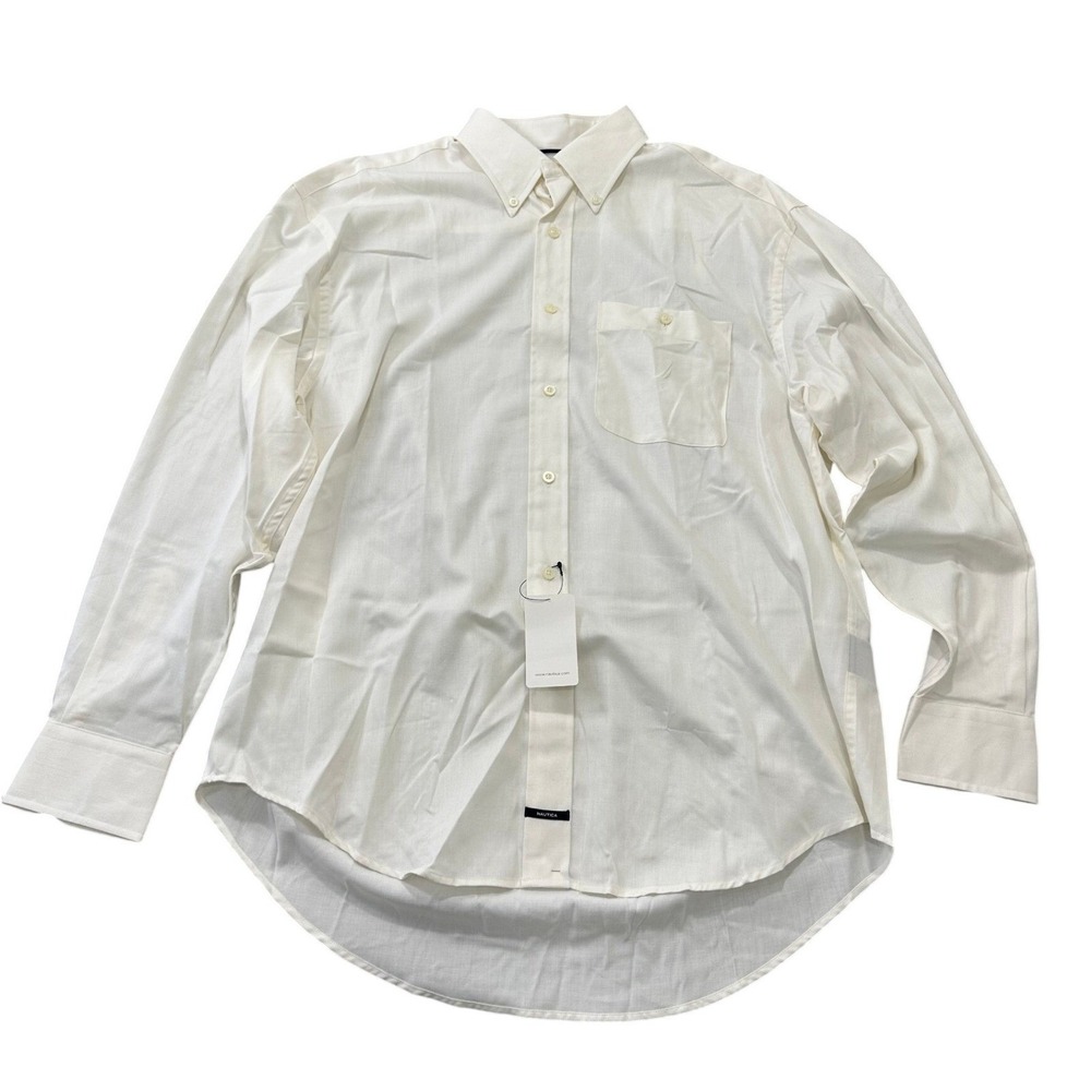 Nautica Mens Long Sleeve Button Down Shirt Cream White Twill Pocket Large